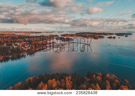 Nuottaniemi Marina With Boats On Pier And On Land Being Stored, Espoo Finland