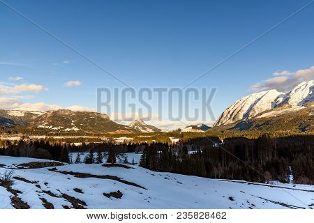 Mountains In, Styria, Austria Bad Mitterndorf View On A Snowy Terrains Surrounding Resorts