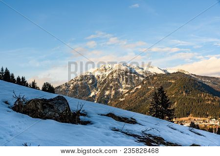 Mountains In, Styria, Austria Bad Mitterndorf View On A Snowy Terrains Surrounding Resorts