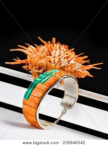 Navajo Silver Bracelet Made From Orange Spiny Oyster With Spiny Oyster Shell In Background.