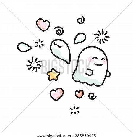 Vector Icon Ghosts And Phantoms Isolated On White Background In Doodle Style. Funny Ghost And Shadow