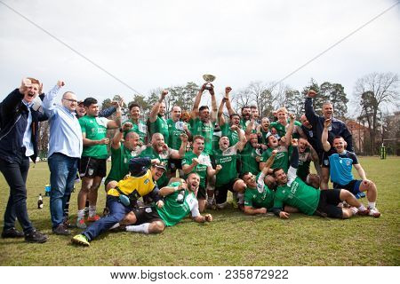 CLUJ-NAPOCA, ROMANIA - 31 March 2018: Rugby cup final between CSM Stiinta Baia Mare vs CSM Bucuresti on 31.03.2018 in Cluj-Napoca, Romania