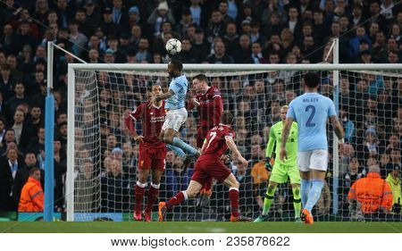 MANCHESTER, ENGLAND - APRIL 10:  Raheem Sterling  during the Champions League quarter final match between Manchester City and Liverpool at the Etihad Stadium on April 10, 2018 