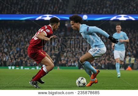 MANCHESTER, ENGLAND - APRIL 10: Trent Alexander-Arnold  and Leroy Sane  during the Champions League quarter final match between Manchester City and Liverpool at the Etihad Stadium on April 10, 2018 