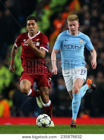 MANCHESTER, ENGLAND - APRIL 10: Kevin De Bruyne  during the Champions League quarter final match between Manchester City and Liverpool at the Etihad Stadium on April 10, 2018 