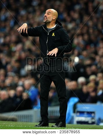 MANCHESTER, ENGLAND - APRIL 10: Josep Guardiola Manager  during the Champions League quarter final match between Manchester City and Liverpool at the Etihad Stadium on April 10, 2018 