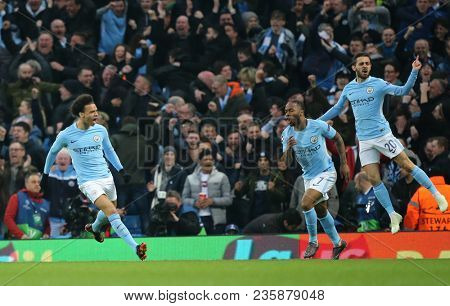 MANCHESTER, ENGLAND - APRIL 10: Leroy Sane  during the Champions League quarter final match between Manchester City and Liverpool at the Etihad Stadium on April 10, 2018 