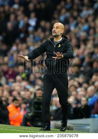 MANCHESTER, ENGLAND - APRIL 10: Josep Guardiola Manager  during the Champions League quarter final match between Manchester City and Liverpool at the Etihad Stadium on April 10, 2018 
