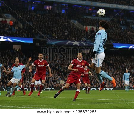 MANCHESTER, ENGLAND - APRIL 10: Leroy Sane  during the Champions League quarter final match between Manchester City and Liverpool at the Etihad Stadium on April 10, 2018 