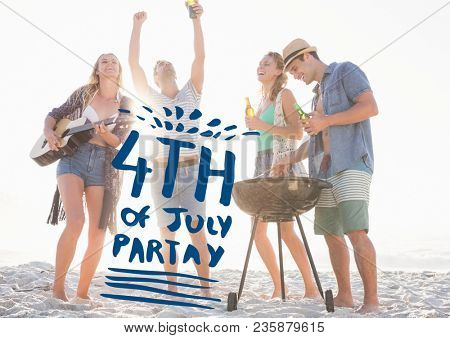 Blue fourth of July graphic against millennials at beach party