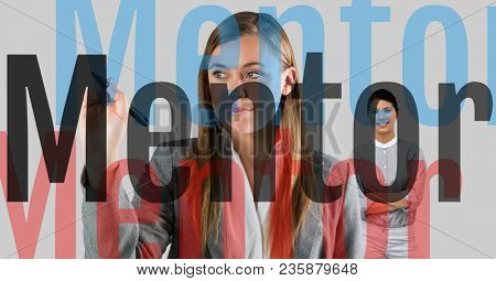 young businesswoman writing MENTOR(with opacity in 3 colors) on the screen, behind she, businesswoma