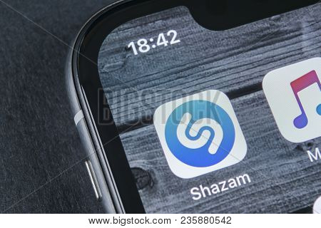 Sankt-petersburg, Russia, April 12, 2018: Shazam Application Icon On Apple Iphone X Screen Close-up.