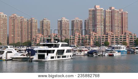 Tuen Mun, Hong Kong, 22 March 2018: Hong Kong Cruise in typhoon shelter 