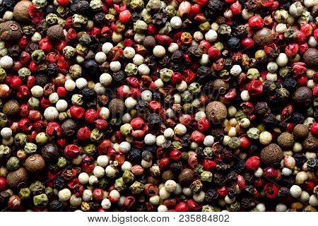 Pepper Spice Texture. Multicolored Pepper Corns, Mix Of Colorful Grains. Ingredients For Cooking, To