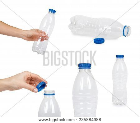 Set Of Different Empty Transparent Plastic Bottle With Hand. Isolated On White Background, Blue Cap,