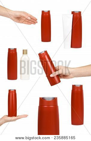 Set Of Different Plastic Bottle For Shampoo Or Liquid Soap With Hand, Isolated On White Background. 
