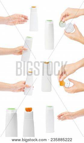 Set Of Different Plastic Bottle For Shampoo Or Liquid Soap With Hand, Isolated On White Background. 
