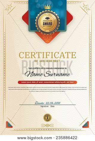 Official Certificate With Red Turquoise Wave Design Elements. Red Ribbon And Gold Emblem. Classical 