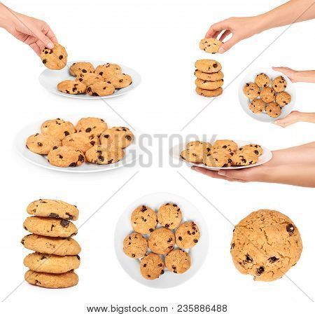 Set Of Chocolate Chip Cookie, Woman Hand, Isolated On White Background