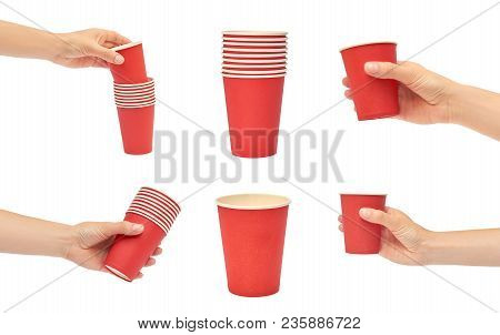 Set Of Different Female Hands Hold A Cardboard Or Plastic Disposable Cup. Isolated On White Backgrou