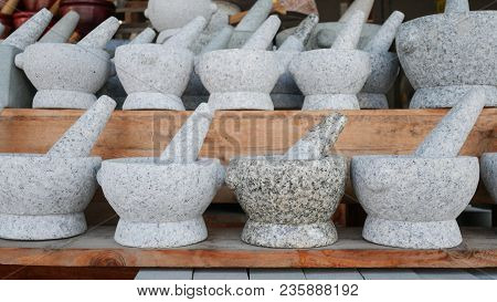 Close Up Group Of Mortar Stone In Store.
