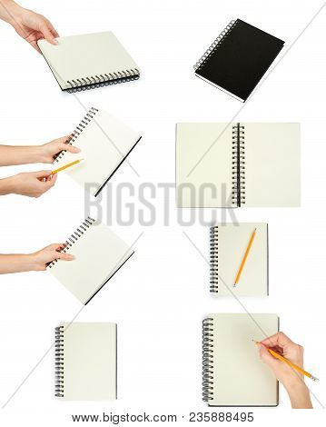 Set Of Differen Notebooks With Hand. Isolated On White Background.
