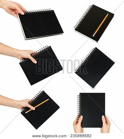 Set Of Differen Notebooks With Hand. Isolated On White Background.