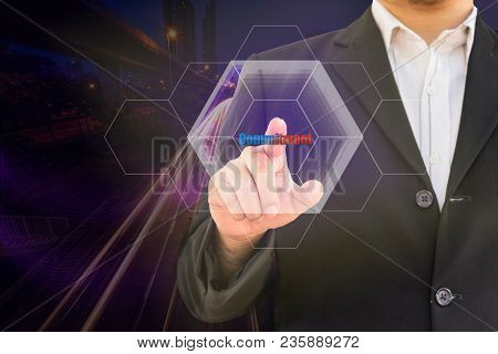 Double Exposure Businessman Point Commitment Word And Urban Cityscape Abstract Background