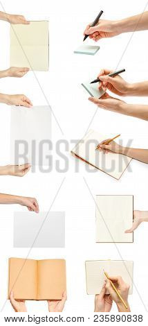 Set Of Differen Notebooks With Hand. Isolated On White Background.