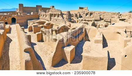 Panorama Over The Roofs Of Ancient Ruined Residential Quarters Of Arg-e Rayen Fortress With Towering
