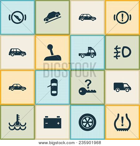 Auto Icons Set With Stop, Station Wagon, Hill Descent And Other Warning Elements. Isolated  Illustra