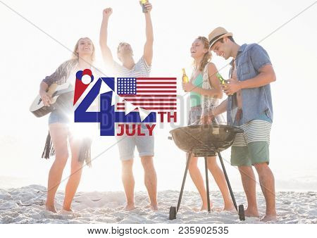Fourth of July graphic with flags and ice cream against millennials at beach party and flares