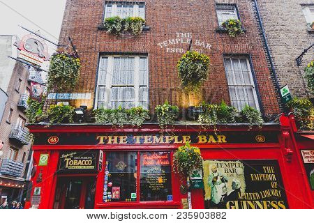 Dublin, Ireland - April 12th, 2018: The Temple Bar Pub In Dublin, Arguably The Most Popular Traditio