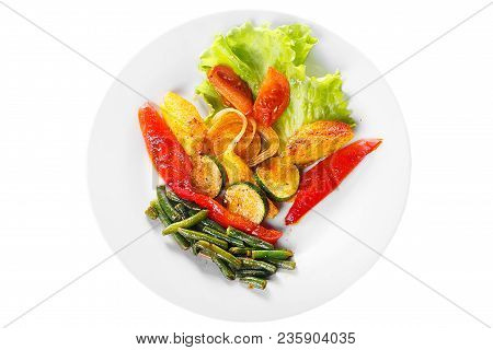 Vegetables Grilled Portion Of Side Dish On A Plate On White Isolated Background View From Above. App
