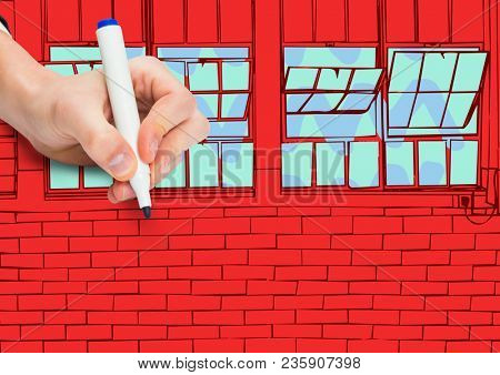 hand drawing office lines. Red wall of bricks with windows