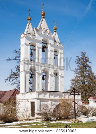 Moscow, Russia - April 8, 2018. Ancient Bell Tower Of Transfiguration Cathedral In Bolshie Vyazyomy 