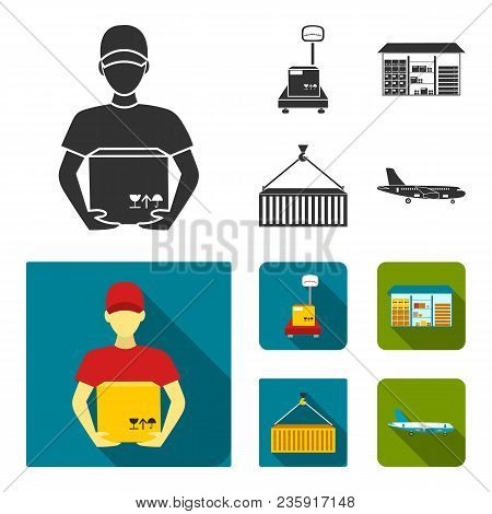 Courier, Scales, Container, Warehouse.logistic, Set Collection Icons In Black, Flat Style Vector Sym