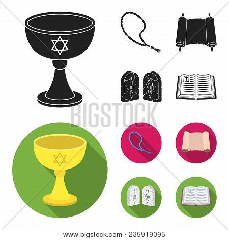 A Cup Of Wine, Islamic Beads, Ten Commandments, Tanakh. Religion Set Collection Icons In Black, Flat