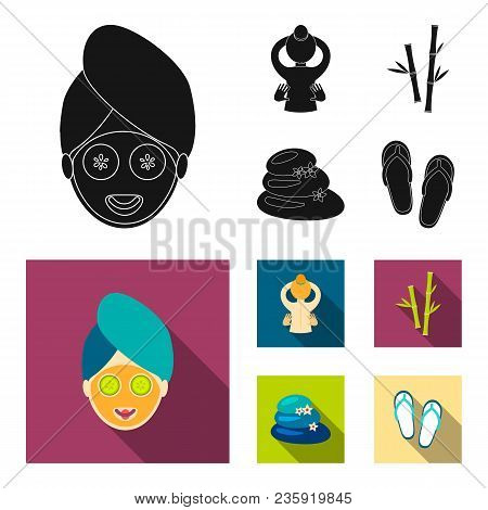 Face With A Cosmetic Mask With Cucumbers, Massage Hands, Bamboo, Stones With Lotus Flowers. Spa Set 