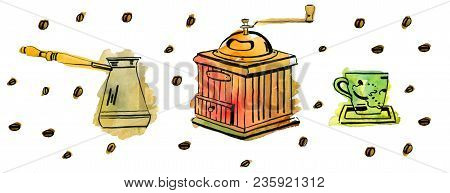 Hand Drawn Watrcolor Set With Coffee Beans, Mill And Jezva On White Background