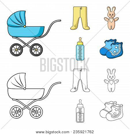 Stroller, Bottle With A Pacifier, Toy, Sliders.baby Born Set Collection Icons In Cartoon, Outline St
