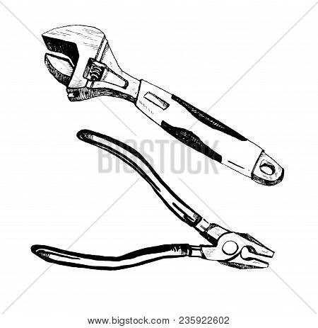 Hand Drawn Ink Illustration With Adjustable Wrench And Pilers Black And White