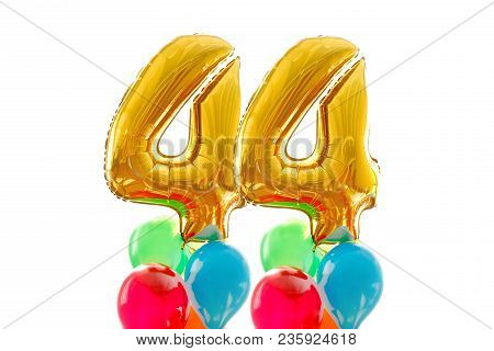 Golden Number 44 Forty Four Made Of Inflatable Balloon Colored Balloons White Background