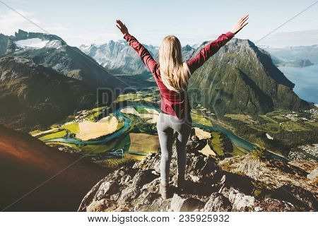 Happy Traveler Woman Raised Arms Standing On Cliff Over Mountains Valley Landscape Travel Healthy Li