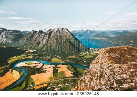 Mountains Landscape Aerial View Fields And River In Norway Travel Scenery Scandinavian Nature Andals