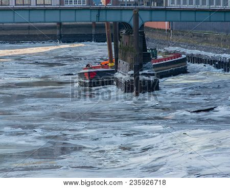 Barges Boats Lie Iceboundly In The Memory Town With The Hamburg Harbor
