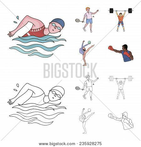 Swimming, Badminton, Weightlifting, Artistic Gymnastics. Olympic Sport Set Collection Icons In Carto