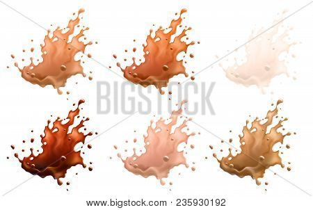 Coffee And Milk Splashes Isolated On A White Background. 6 Variations. Vector Eps10