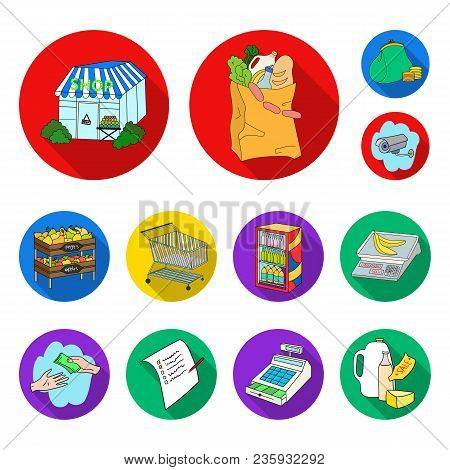 Supermarket And Equipment Flat Icons In Set Collection For Design. Purchase Of Products Vector Symbo