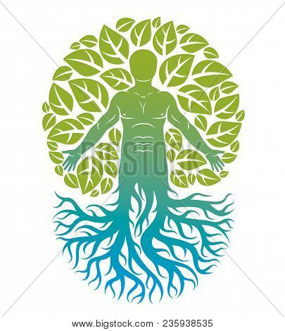 Vector Illustration Of Human Being Created As Continuation Of Tree With Strong Roots And Composed Us